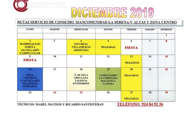 Oficina de Consumo – calendario diciembre 2019
