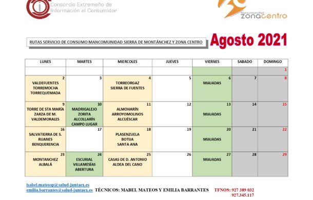 Calendario Rutas AGOSTO 2021