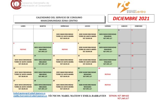 Oficina de Consumo – Calendario diciembre 2021.