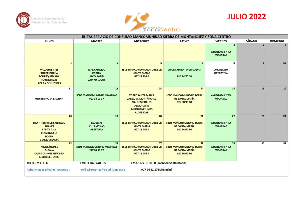 Oficina de Consumo – Calendario julio 2022.